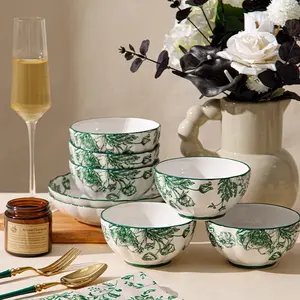 12pcs Ceramic Dinnerware Set, Mini Western Style Tableware with Green Rose Floral Print, Microwave & Dishwasher Safe, Daily Use Kitchen Set