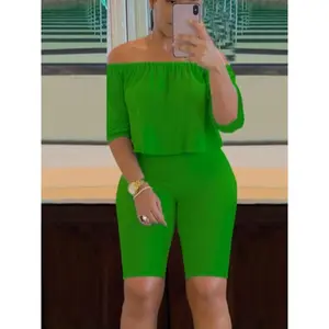 Women’s solid-color ruffled off-shoulder crop top and elastic-waist shorts set, casual and fashionable half-sleeved top and fitted shorts, women’s summer outfit GARMENTARY