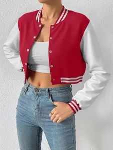 American Casual Colorblock Womenswear Baseball Jacket Outerwear Long Sleeve, Simple Loose Fit Short Style, Versatile Layering Streetwear for All Seasons