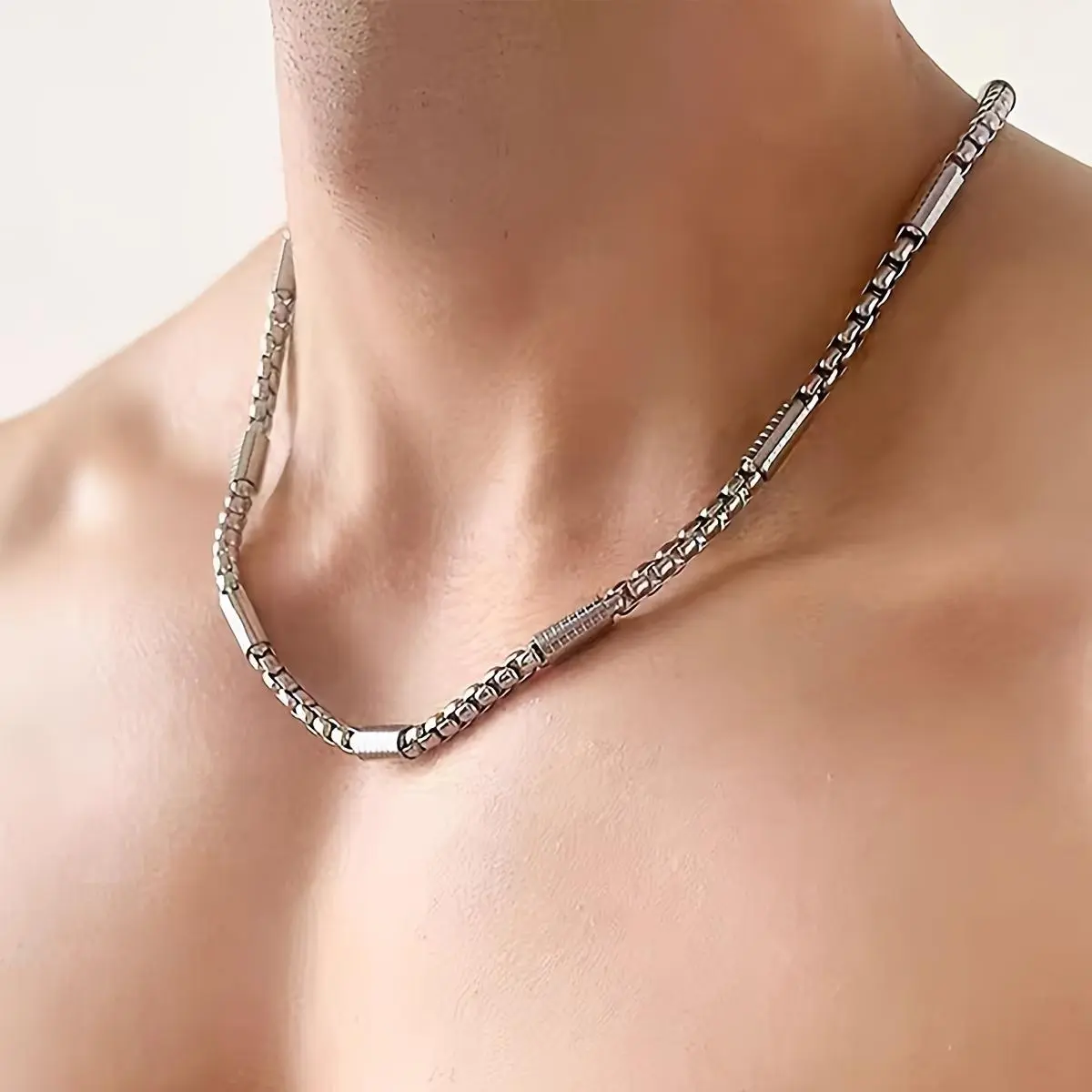 Flat Chain & Link Necklace, Unisex Geometric Stainless Steel Hip-Hop Jewelry with a Square Pearl for a Casual Look, Faux Pearl Necklace, Necklace Gift