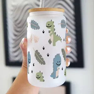 Sip-Sip Hooray! 16oz Cute Dinosaur Glass Cup – Baby Dino Tumbler with Lid & Plastic and Glass Straws, Gift for Girlfriend, Aesthetic Reusable Drinkware for Dino Lovers Water Bottle Portable Washable Mug