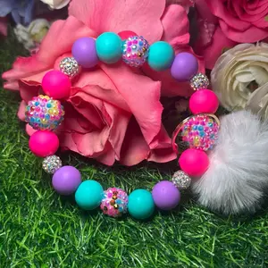 Candy Lane wristlet keychain color scheme turquoise, purple, hot pink and bling beads handmade with wire