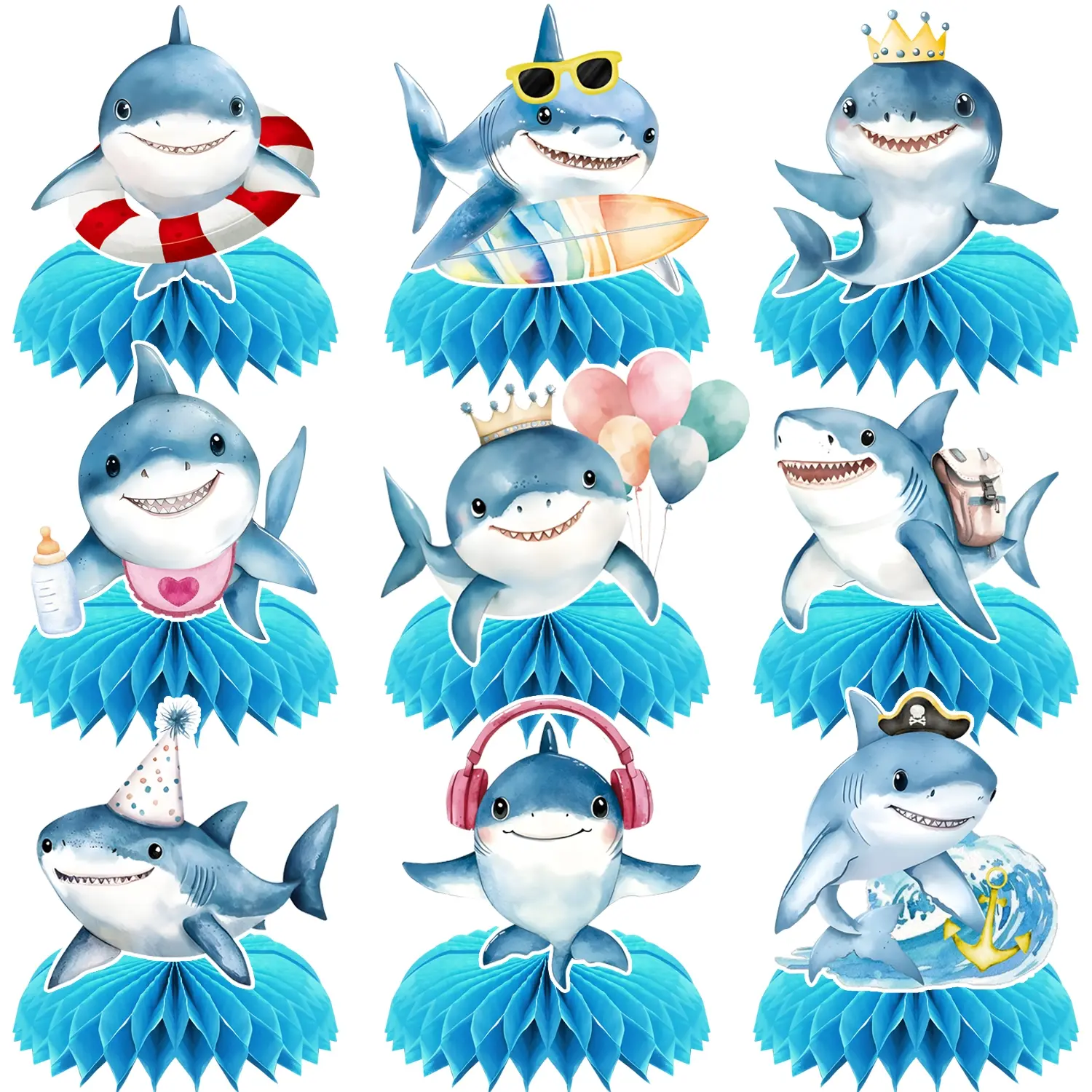 9Pcs Shark Birthday Party Decoration Shark Honeycomb Centerpiece Decoration Under the Sea Theme Table Decoration for Baby Shower Birthday Party Supplies Party Event Props
