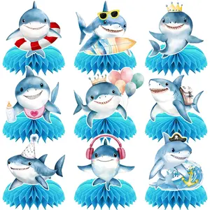 9Pcs Shark Birthday Party Decoration Shark Honeycomb Centerpiece Decoration Under the Sea Theme Table Decoration for Baby Shower Birthday Party Supplies