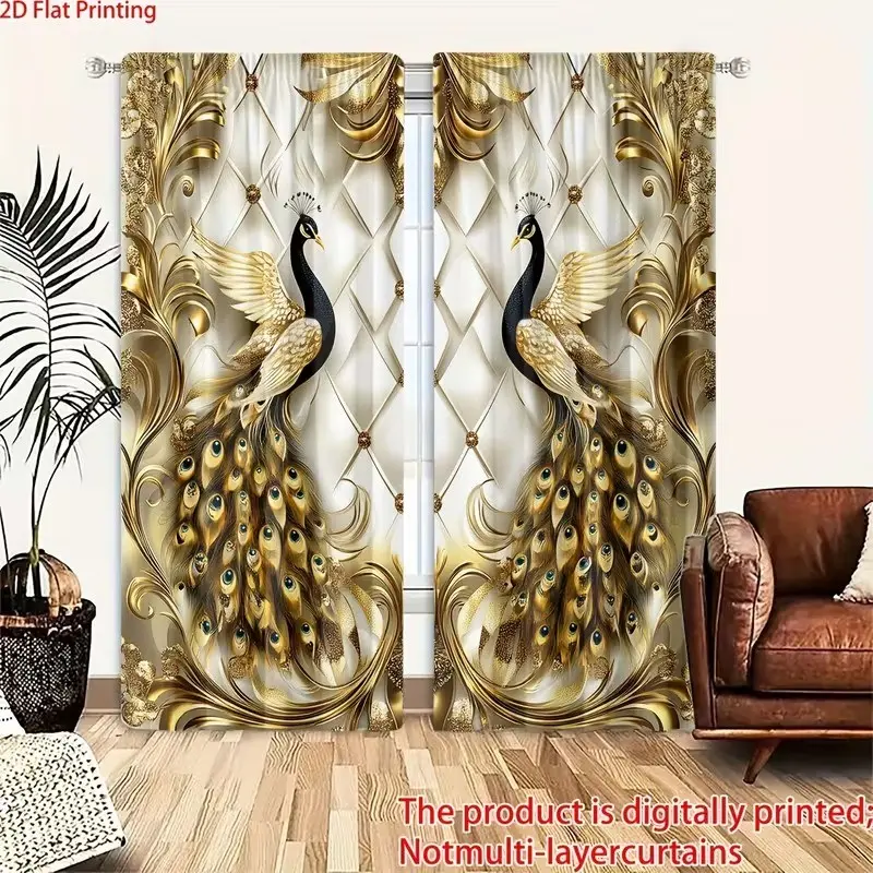 Vintage Animal Pattern Curtains Set, Gold Peacock & Diamond Design, Digital Print Polyester Drapes for Bedroom Office Kitchen Living Room Study Window Curtain