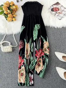 Plus Size Halter Top Elastic Waist Tie Belt Tropical Floral Print Wide Leg Jumpsuit, Summer Vacation Casual Multi-Scene Wear
