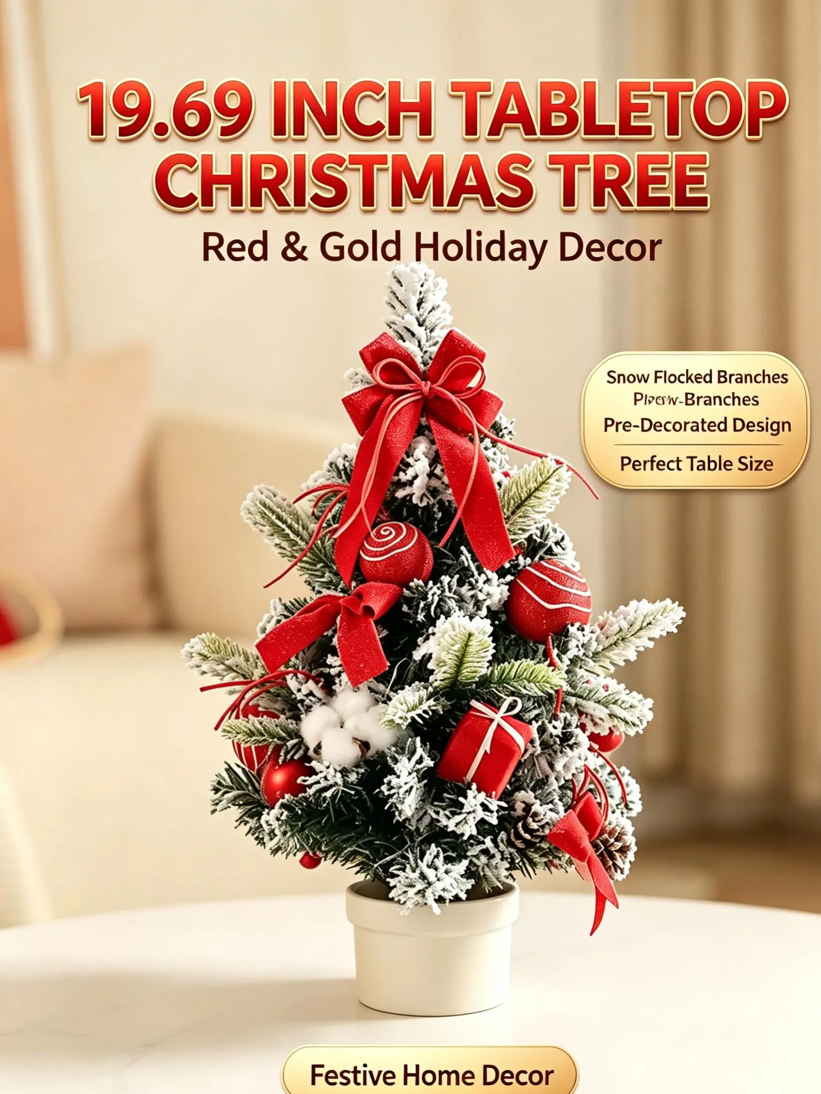 Small Christmas Tree -19.69 inch Mini Tabletop Christmas Tree ,Hanging Oraments,Decorative Bow and Gift Boxes,Christmas Decoration