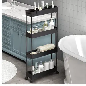Slim Storage Cart 4 Tier,Bathroom Organizer Rolling Utility,Mobile Shelving Unit Slide Out for Office, Kitchen, Laundry Room & Narrow Places,Black