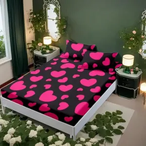 Heart Print Bedding Set, Including 1 Count Fitted Sheet & 2 Counts Pillowcase without Filler, Soft Comfortable Bedding Set for Home Bedroom Bedsheet Sets