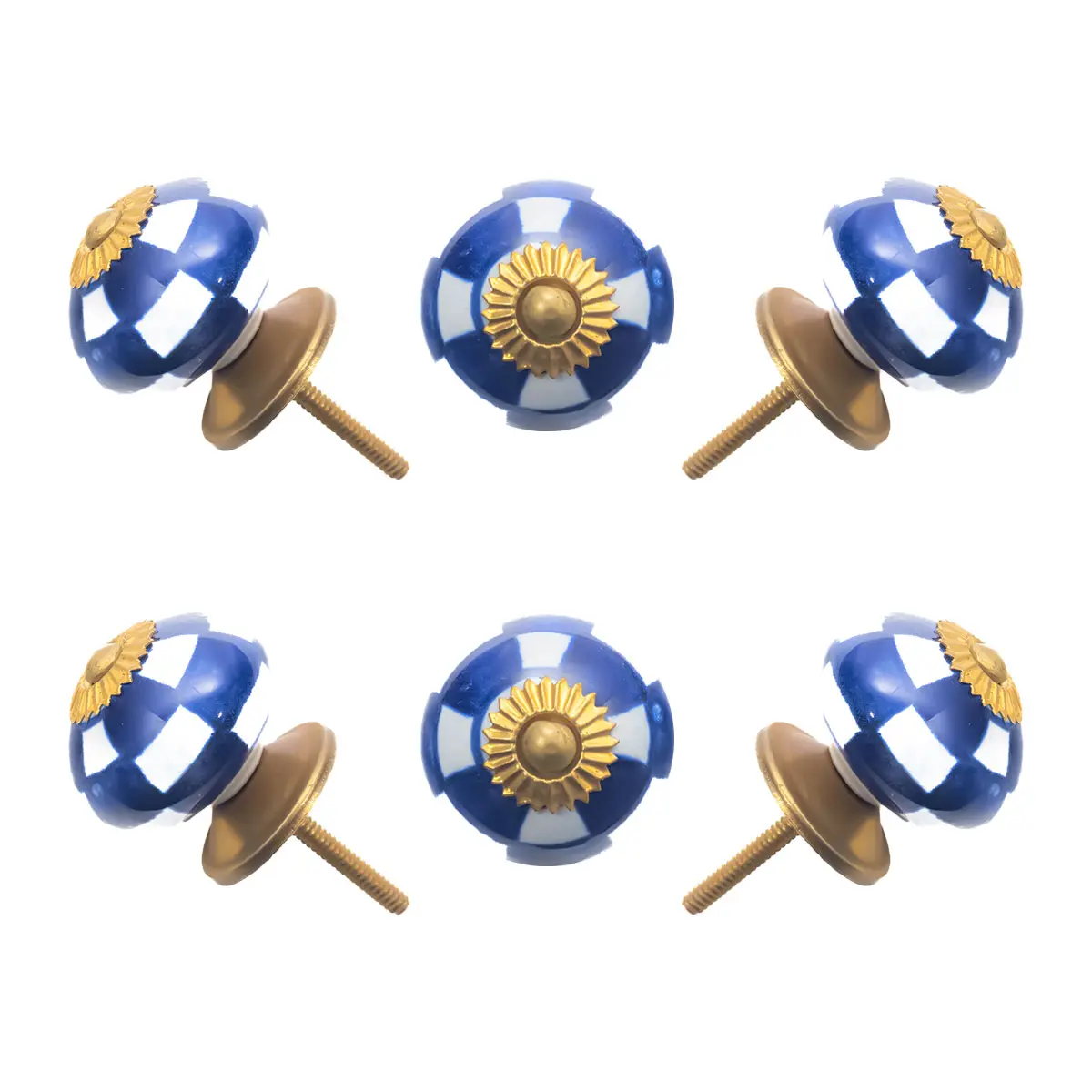 Blue & White Checkered Ceramic Knobs (Set of 6), Antique Brass Base by CDNY