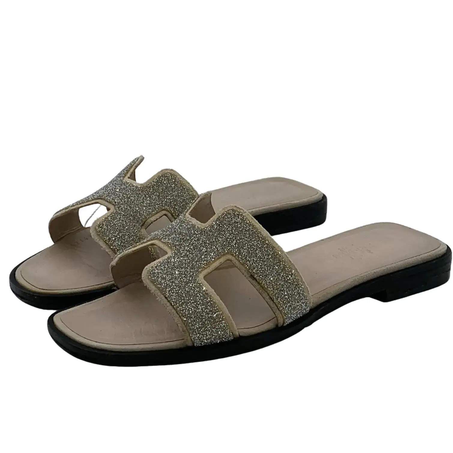 RDLT-Hermes Size 35 Oran Brown H Logo Rhinestone Glitter Flat One‑Strap Slides-H38105