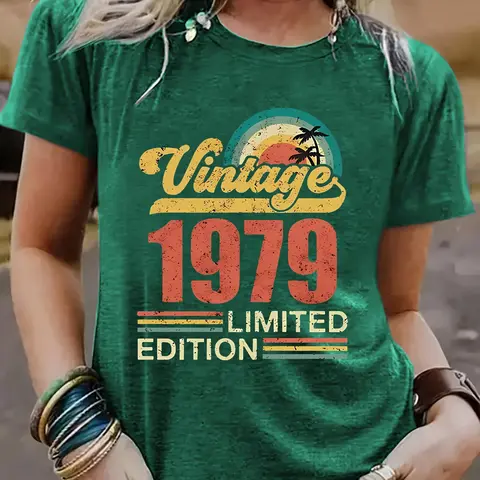 Women's Vintage 1979 Graphic Print Round Neck Tee, Aesthetic Graphic Tee, Casual Fashion Short Sleeve Fitted T-shirt for Summer, Ladies Clothes for Everyday Wear
