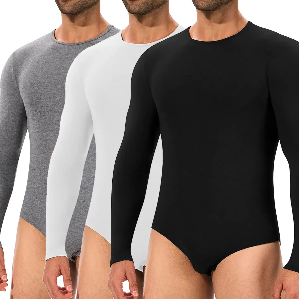 Men's Slim-Fitting Long Sleeve Crew Neck Bodysuit - Viscose Spandex Blend, Breathable, Comfy Underwear with Elastic Binding, Classic Style Shapewear for Sleepwear & Base Layer, Black/White/Deep-Grey