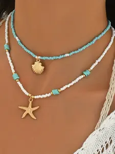 Bohemian Ocean Wind Women's Jewelry Set, Blue Lapis Lazuli Pendant Necklace & Starfish Beads, Handmade Alloy Material, Beach Wedding Party Daily Wear