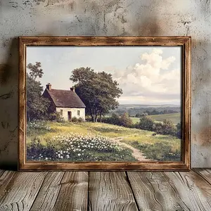 French Countryside Cottage Print Wall Art, Rustic Field Landscape