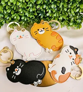 Cat Leather Pocket Keychain, Cute Calico Key Chain, Kawaii Orange Neko Bag Charm, Black Feline, Gold Ring Holder Accessory, Meow Whiskers cute keychain
