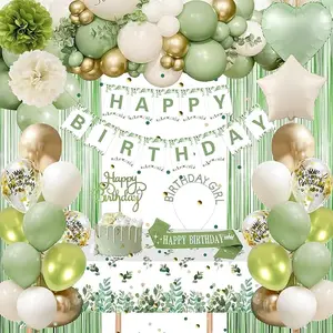 Sage Green Birthday Decorations, Green Gold Balloons Birthday Party Decorations Happy Birthday Banner Green Fringe Curtain Tablecloth Birthday Crown Sash Paper Pom Poms for Girls Women Birthday Decor