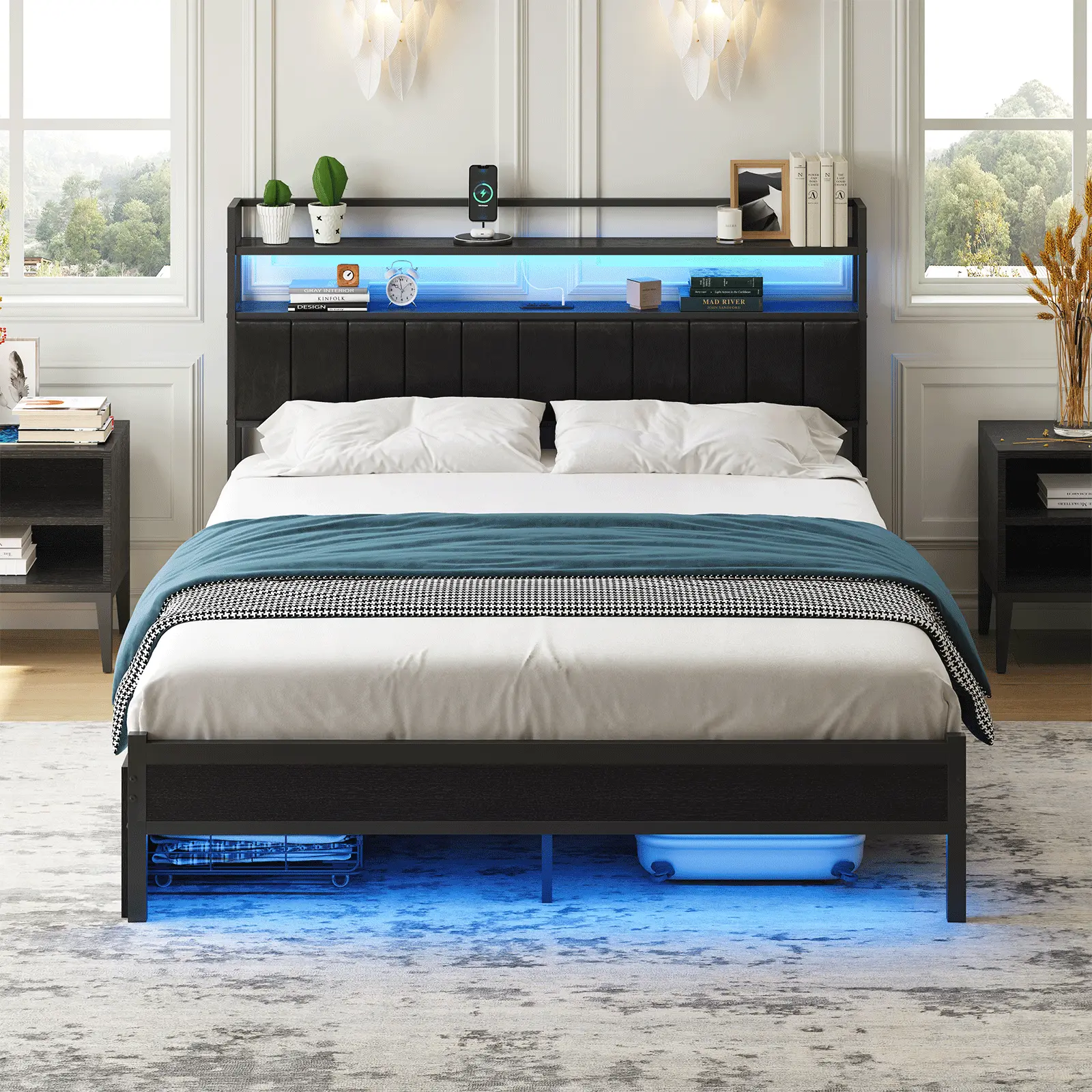 CollaredEagle Full Size Bed Frame - Fabric Upholstered Headboard, LED Lights, USB Port, PU Leather Accents, Storage Shelves, Heavy-Duty Slats, Stable Charging Station, Noise-Free, No Box Spring Needed, Fast-Install Apartment Furniture, Queen Bed Frame