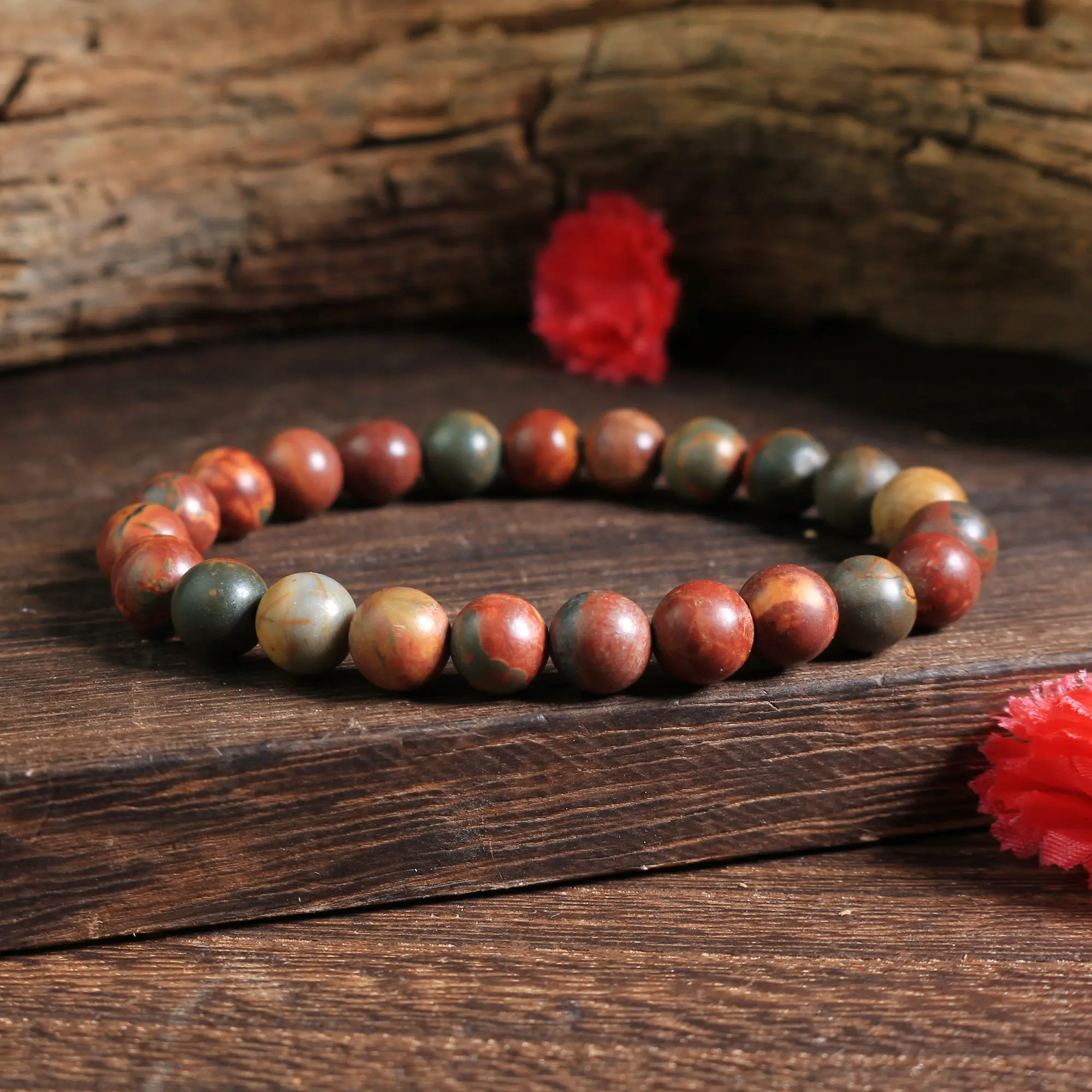 Handmade Natural Red Creek Jasper 8mm Beads Elastic Bracelet for Men - Promotes Happiness, Relaxation, Protection, Compassion, Stretch Red Brown Jasper Jewelry Accessory, Made With Love