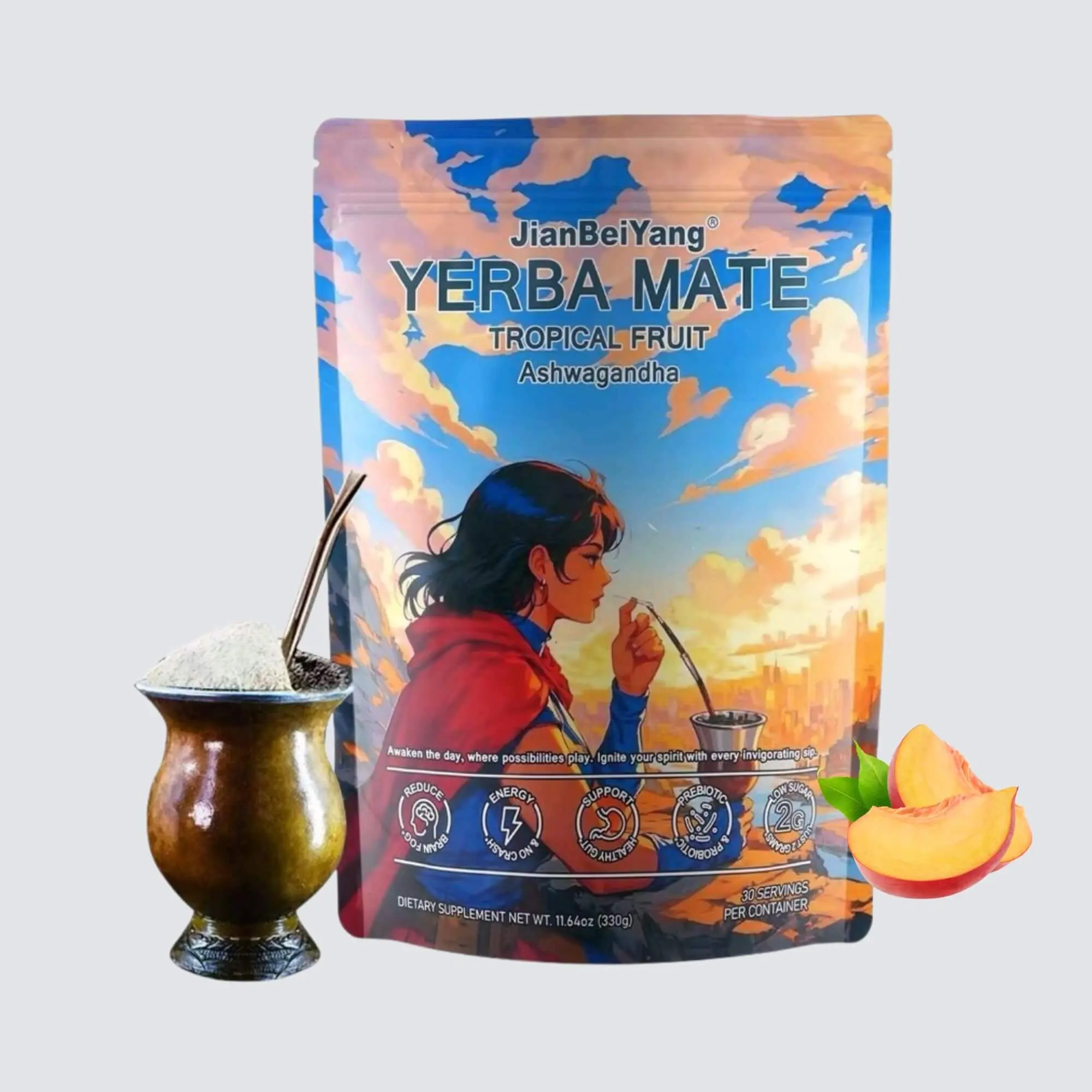 JianBeiYang Yerba Mate Tea Powder with Tropical Fruit, Ashwagandha & Lions Mane 30 Serving 11.64 OZ (330g)
