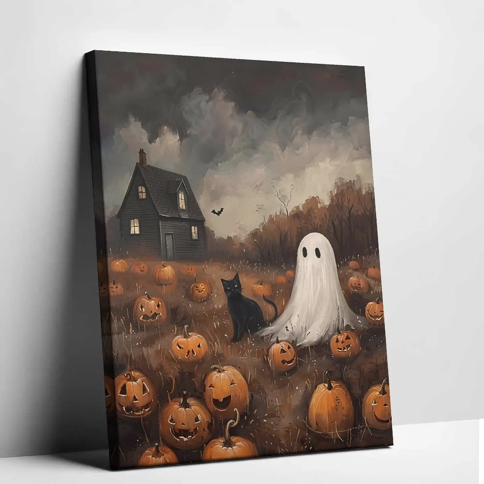 Gothic Halloween Canvas Art Spooky Ghost Black Cat Pumpkin Poster Wall Decor Unique Artwork for Living Room Bedroom Bar