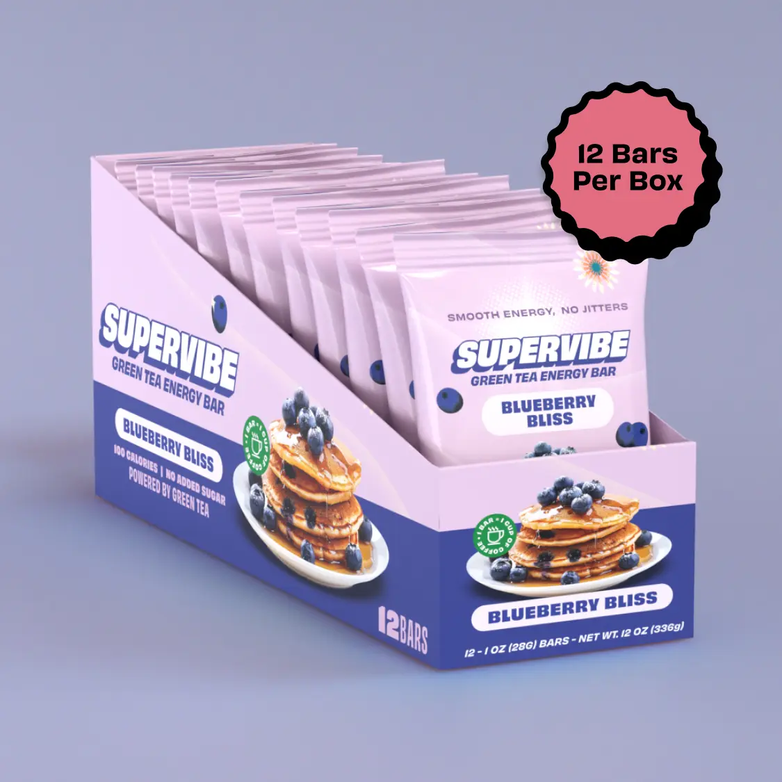 Supervibe Caffeine Energy Bars for Energy & Calm Focus - No Added Sugar with Green Tea Caffeine, L Theanine and Superfoods - Blueberry Bliss Flavor (12 Bars)