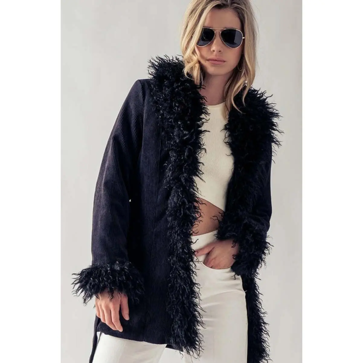 Faux Fur Trim Corduroy Coat
