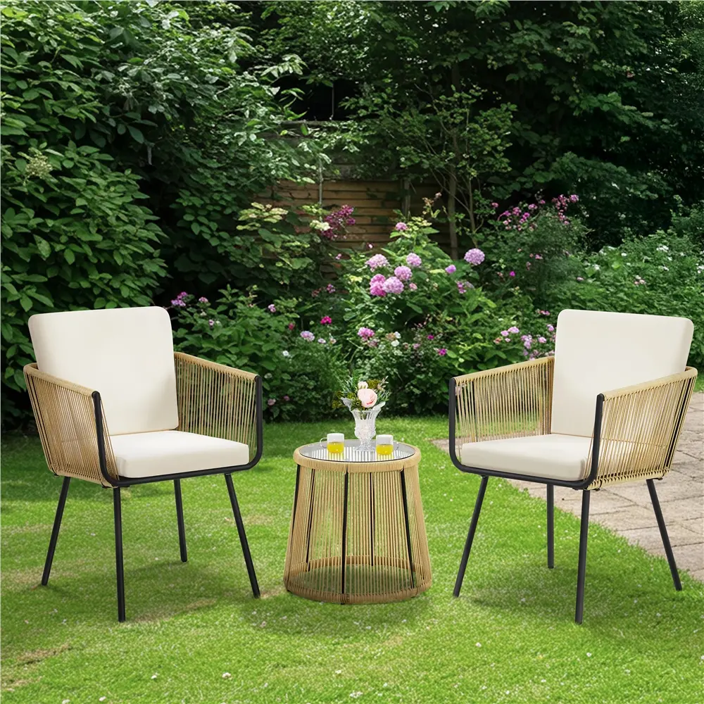 Yaheetech 3/4-Piece Patio Boho Wicker Bistro Set, Outdoor All-Weather Furniture Set with 2 Wide Ergonomic Chairs, Cushions & Glass Top Table for Porch, Backyard, Patio Dining Set,home decor,camping essentials