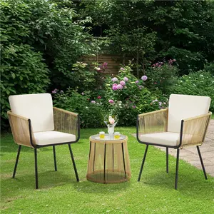 Yaheetech 3/4 Piece Patio Boho Bistro Set, Outdoor All-Weather Conversation Bistro Set w/ 2 Wide Ergonomic Chairs, Cushions&Glass Top Table for Porch, Backyard, Balcony, Garden
