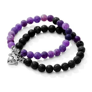 2Pcs Couples Bracelet Magnetic Heart - Stone Beads Stretch Cord For Couples Unisex Men & Women, Magnetic Heart Connection, High-Quality Round Stones, Meaningful Gift, Stretchy String Design, Matching Color Combinations, Versatile Style