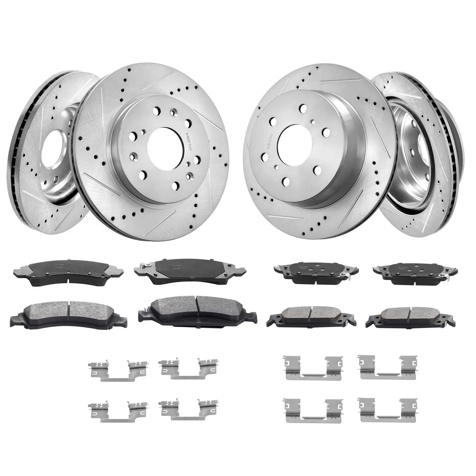 Front & Rear Brake Kit for 2014-2018 Chevrolet Silverado 1500 & GMC Sierra 1500 | 2015-2020 Chevrolet Tahoe, Suburban, GMC Yukon & Cadillac Escalade Models | Drilled & Slotted Rotors with Ceramic Brake Pads