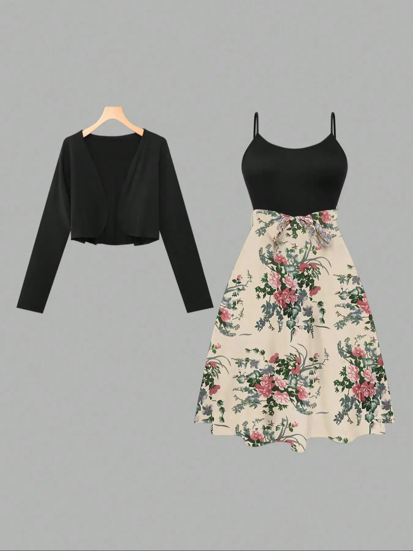 Plus Size Ditsy Floral Print Cami Dress + Cropped Cardigan 2-Piece Set, Casual Midi Dress Outfit, Perfect for Brunch Dates, Coffee Runs, Errands, Casual Hangouts, Weekend Trips, Shopping Sprees, Home Relaxation & Evening Strolls