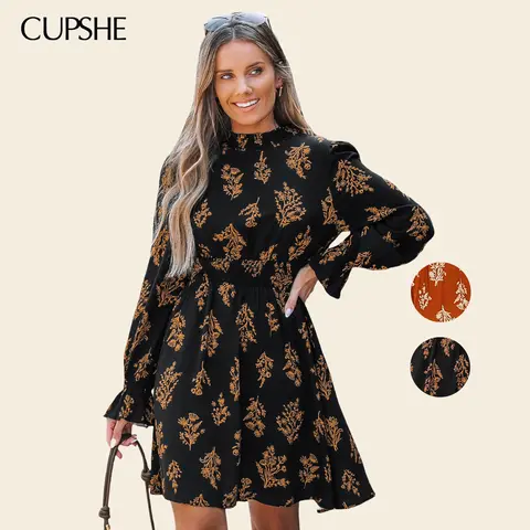 CUPSHE Women's Halloween Floral Print Short Length Dress, Blouson Long Sleeve, High Neck, Smocked Waist, A-Line Cut, Fall Party Costume, Boho Casual Sundress