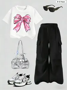 Girls' Summer Bow Print Short Sleeve Workwear Pants Set, 8-12 Years, Breathable Comfort Fabric, Round Neck T-Shirt, Casual Set, Two-Piece Set