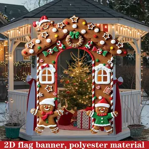 1count 2D FLAT Christmas Gingerbread Flag Door Decoration Banner, 200cm*180cm/78.7in*70.8in Polyester Flag Banner, Christmas Party Decoration Gingerbread House Door Banner, Christmas Ornaments, Photo Booth Prop, Christmas Party Outdoor Flag