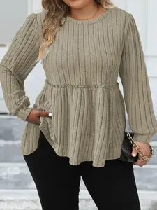 Plus Size Fitted Frill Trim Bishop Sleeve Tee Top, Casual Long Sleeve Round Neck T-shirt for Fall & Winter, Women's Plus Clothing for Daily Wear Womenswear