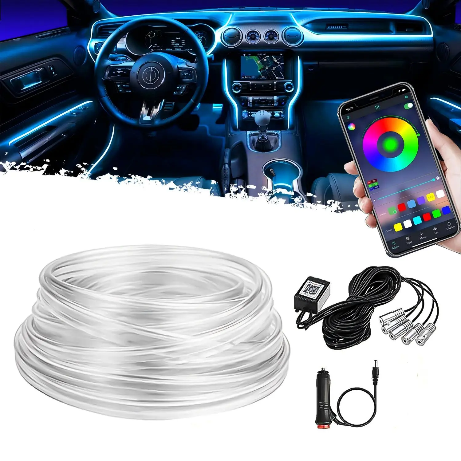 DIBMS APP Controlled 5-in-1 RGB 16 Million Color Options Interior Car LED Strip Lights, 236 inches Fiber Optic Ambient Lighting Kit with Music Mode, Universal Fit for Cars, Trucks, SUV RGB Music Mode Interior Car LED Strip Kit Led Dashboard