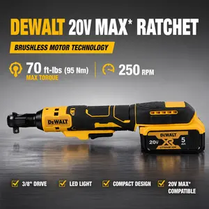 DEWALT 20V MAX XR Cordless 3/8"-Drive Ratchet (DCF512) - High Torque Brushless Motor (70 ft-lbs), Variable Speed Trigger, 5.0Ah Battery & Charger for Professional Automotive Engine Spaces