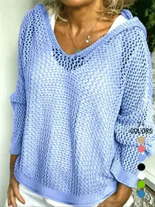 Women's Casual Loose-Fit V Neck Top, Hollow Out Design, Polyester Knit Fabric, Hand Washable, All Season Wear, Knitwear, Long Sleeve