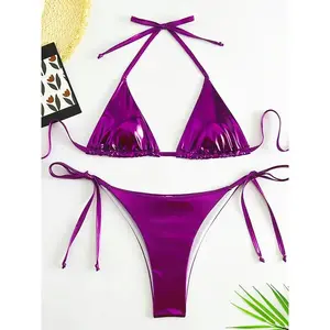 Sexy Metallic Halter Bikinis Sets Lace Up Triangle Tie Side Bikini 2025 Swimsuit Women Swimwear Brazilian Female Bathing Suits