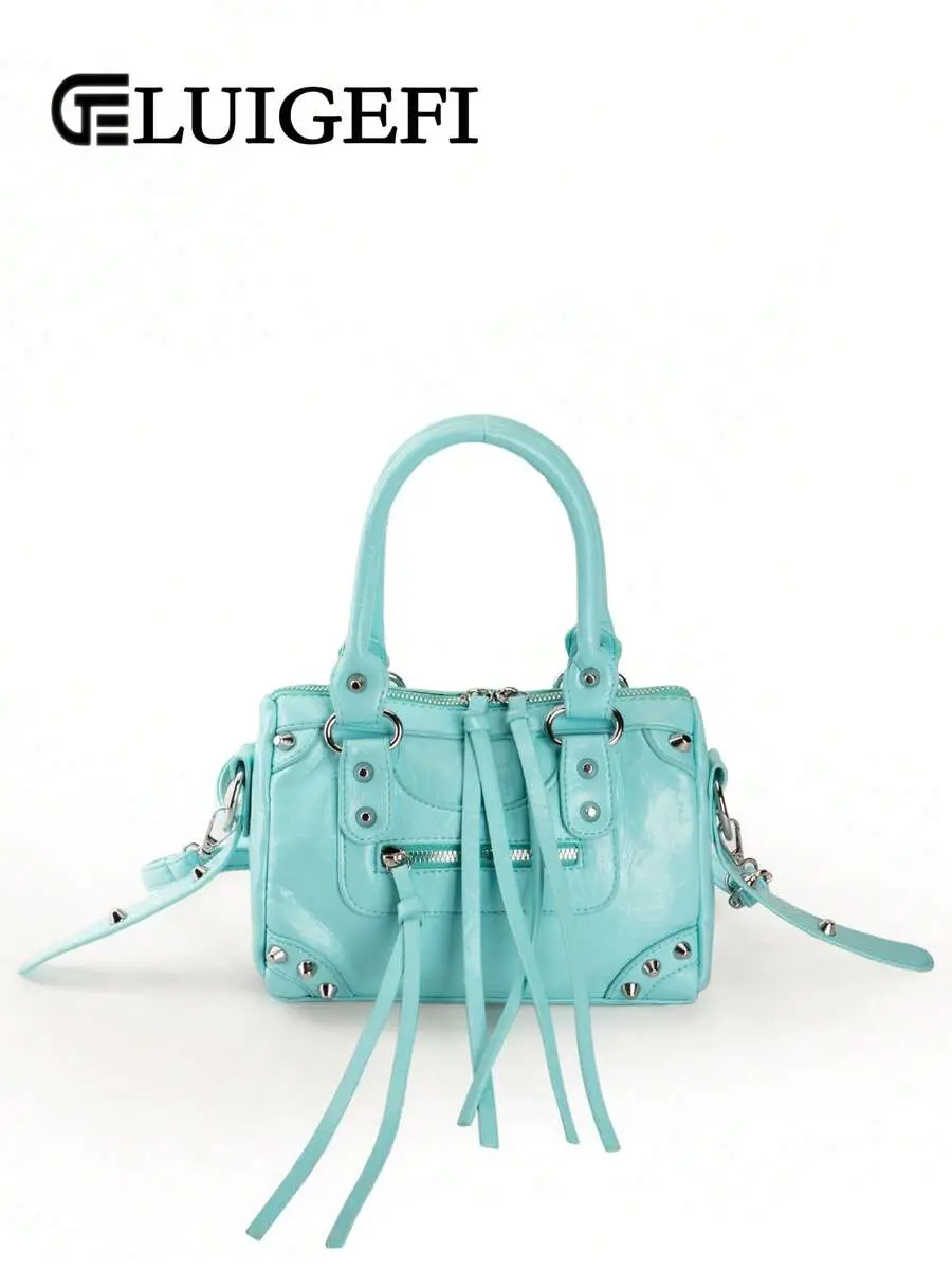 1pc Baby Blue Patchwork Rivet Inlaid Metal Tassel Zipper Decor Vintage PU Strap Fashion Sweet Cool Motorcycle Style Y2K Punk Women's Square Handbag, Streetwear