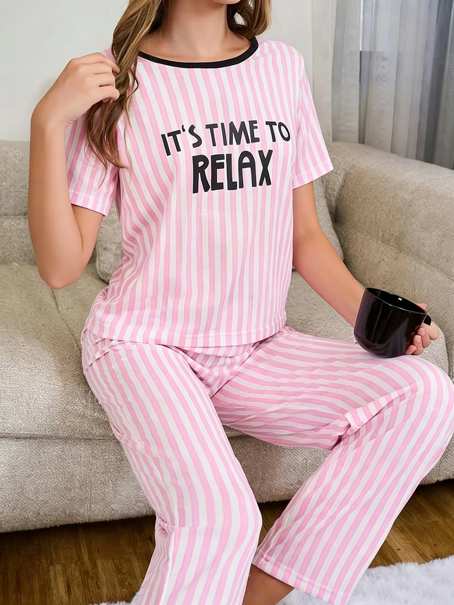Women's "IT'S TIME TO RELAX" Pink Striped Pajamas Soft Short-Sleeve Top & Loose Pants Comfortable Loungewear Sleepwear