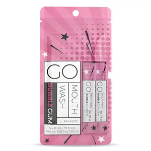 GO Mouthwash Bubble Gum 5Pc Bag - Best Travel Mouthwash Packets and Guest Room Bathroom Essentials. Alcohol and Sugar-Free Liquid Mouthwash for Fresh Breath and Oral Care Hygiene