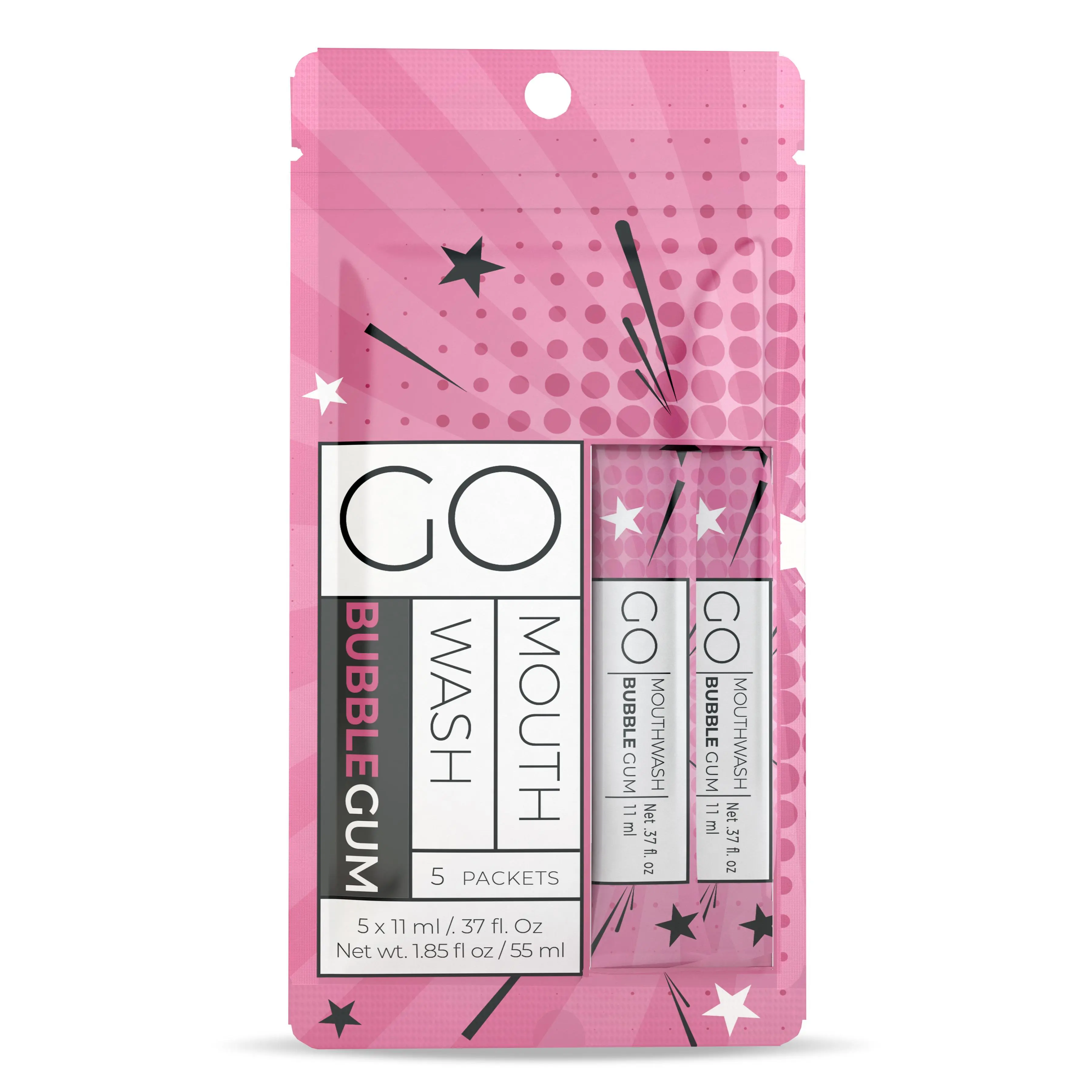 GO Mouthwash Bubble Gum 5Pc Bag - Best Travel Mouthwash Packets and Guest Room Bathroom Essentials. Alcohol and Sugar-Free Liquid Mouthwash for Fresh Breath and Oral Care Hygiene
