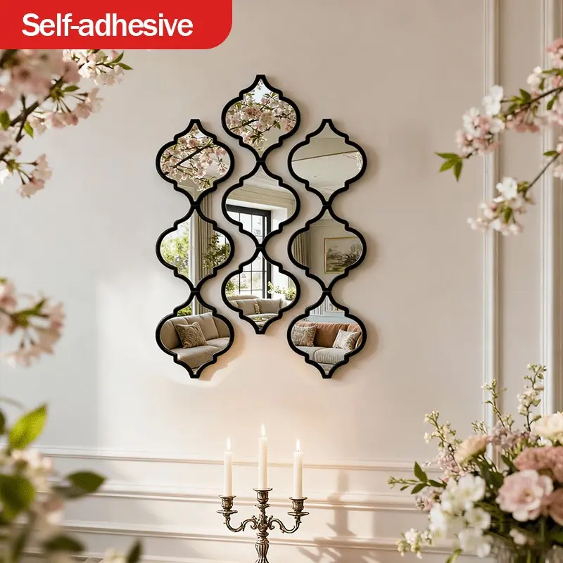 9pcs Large Moroccan-Style Elegant Decorative Reflective Wall-Mounted Mirrors, Classic Black Plastic Frames with Polished Edges, Ideal for Bathroom, Living Room, Hallway and Entryway Decor