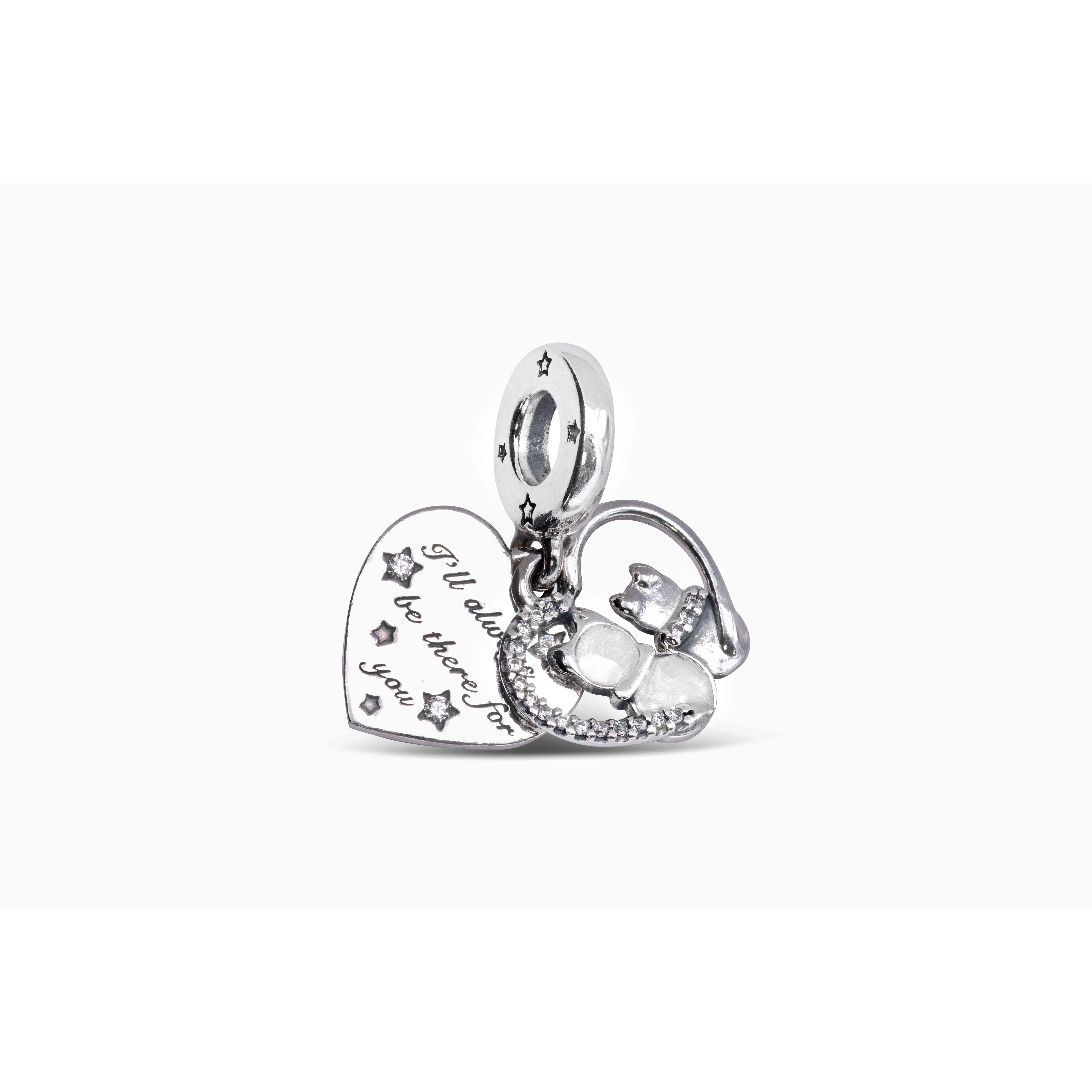 PANDORA Cats & Hearts Dangle Charm, Sterling Silver Charms & Pendants with Cubic Zirconia, Engraved Tag, Shimmering Silver Enamel, Star-Shaped Settings, Hand-Finished Open Front Dangle, Gift for Cat Lovers 799546C01, Elegant