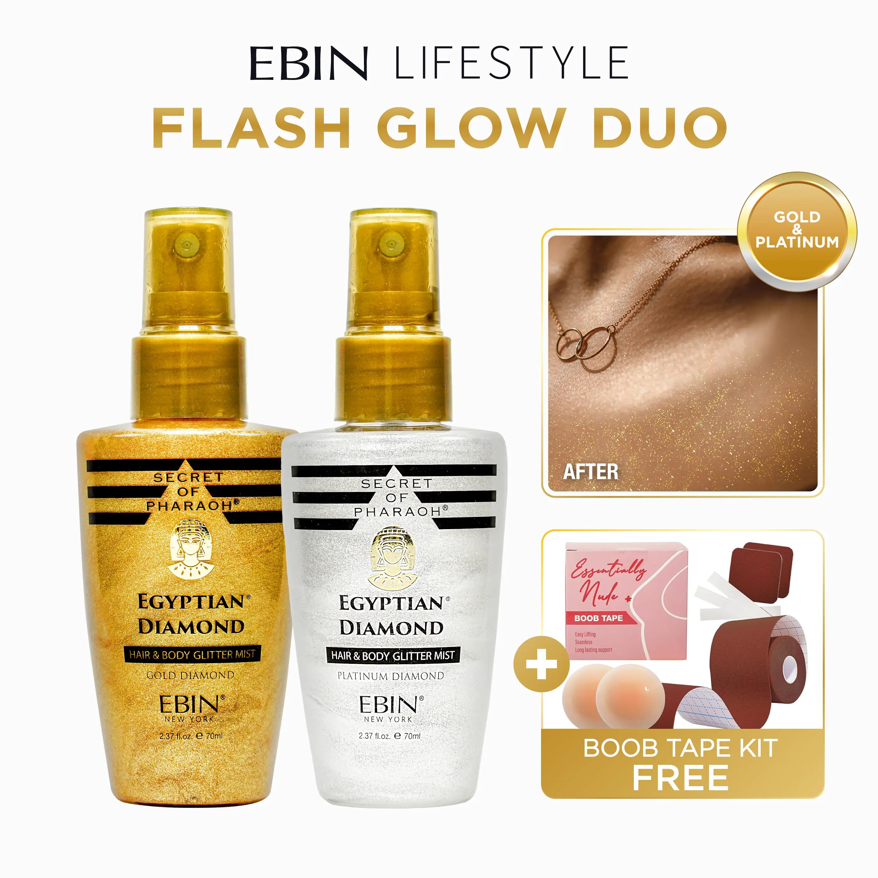 EBIN LIFESTYLE Hair & Body Glitter Mist Spray, Lightweight Shimmer Body Makeup for a Radiant Glow (Gold/Platinum), Party Prep Duo with Free Boob Tape, Cosmetic, Long-Lasting Shine Body Makeup