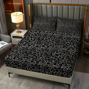 Black Grey Leopard Print Fitted Sheet Set (3 Piece, Includes 1 Fitted Sheet + 2 Pillowcases, No Filling), Luxury Microfiber Animal Print Bed Set for Teens & Adults, Perfect for Bedroom Decor