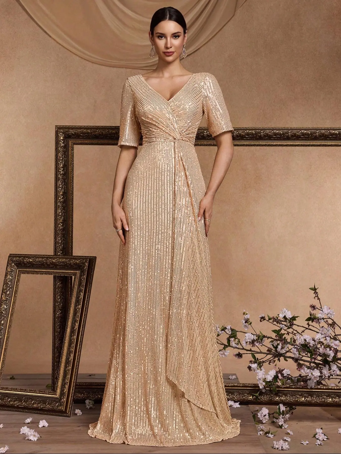 Ladies sequin pleated wrap dress, stylish party dress for special occasions, elegantly designed and fitted, perfect for weddings and dinner parties