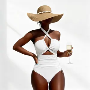 Collar-style One-piece Sexy Bikini with Crisscross Design and High Cut Bottoms for Beachwear bathing suit holiday swimwear Casual Halter Backless One-piece Swimwear, Ladies Summer Beach Vacation Bathing Suit